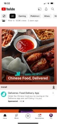 an ad showing in the YouTube app