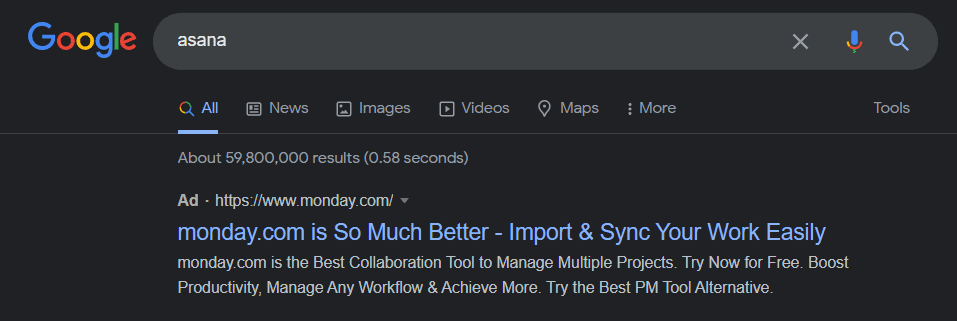 an example of monday.com bidding on asana's keywords