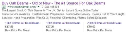 a price extension on a google ad