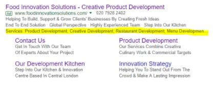 structured snippets highlighted on a google ad