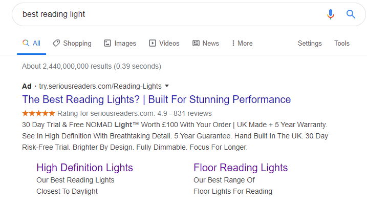 Example of Google Ads at the top of Google's search engine results page.